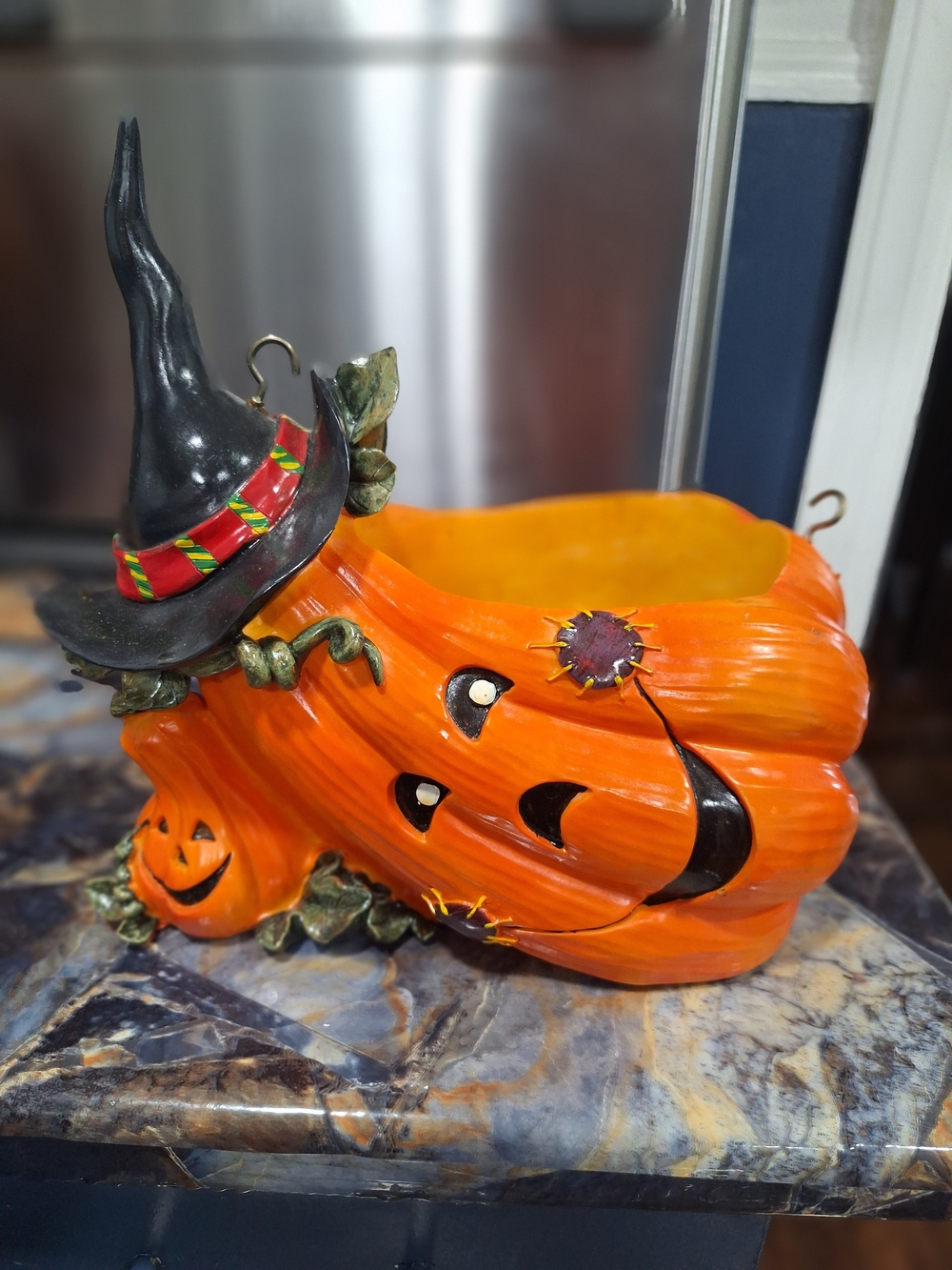 Whimsical Halloween Pumpkin Planter with Witch Hat - Orange.has Hooks For Hangin